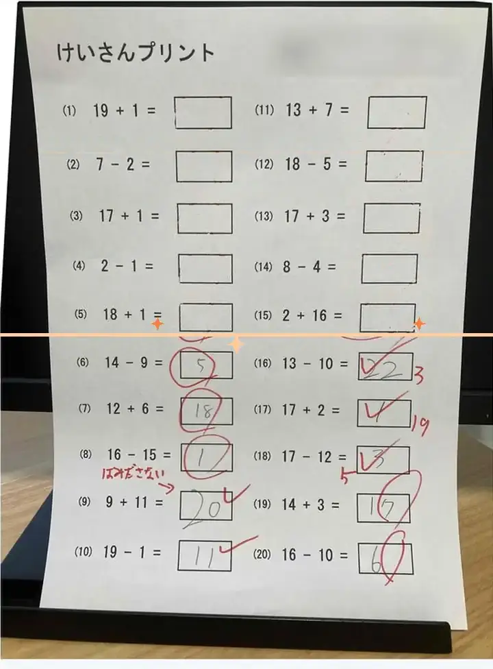 処理例: 書き込み済みの算数プリントの書き込みと丸付けが上から順に消えていき、白紙に戻る途中の様子